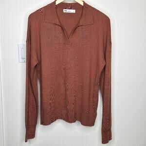 FIG Brown Collared Vneck Long Sleeve Sweater Size L